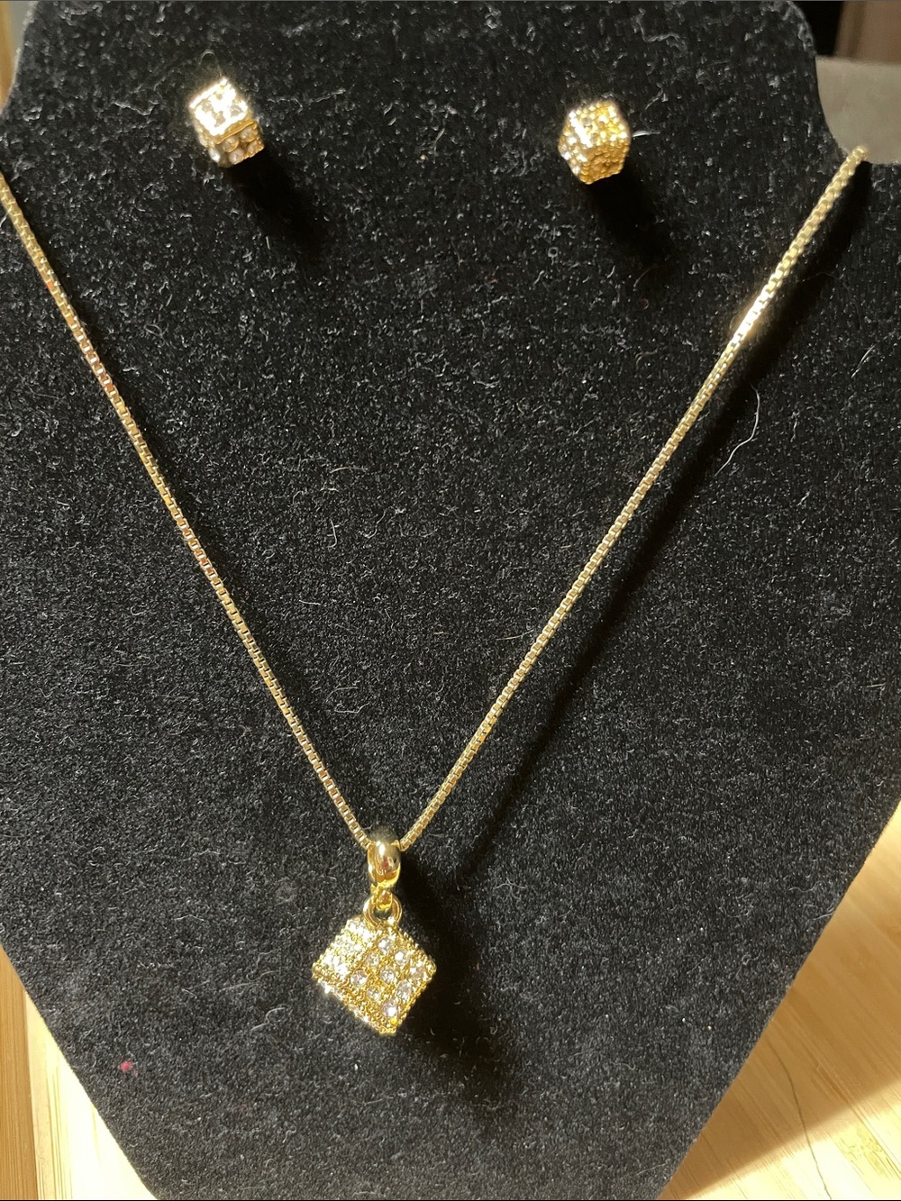 Gold-Tone Cubic Zirconia Cube Pendant Necklace and Stud Earrings